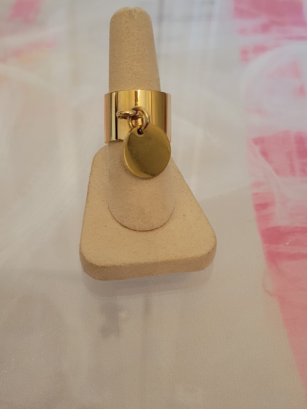 Gold Wide Band Ring with Disc Charm - Size 7